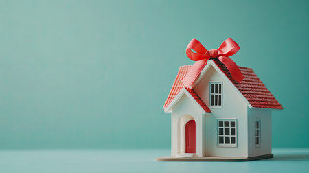 A model house with a bow on top, representing home as a gift or investment, with a minimalist background and copy spaceの素材