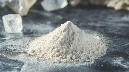 Gypsum powder in a small pile, with a few crystals placed around it on a smooth surface. No people, copy spaceの素材