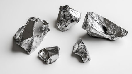 Titanium ore fragments, rough and shiny, placed on a plain white background. No people, copy spaceの素材