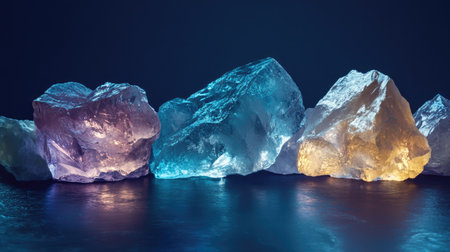 Fluoride minerals in different shades, placed on a dark surface, with a soft glow highlighting their contours. No people, copy spaceの素材