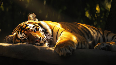 The Bengal tiger enjoying a nap in a sunbeam, its fur glowing in the light. Copy space availableの素材