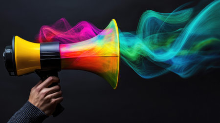 A megaphone in hand with bold, colorful sound waves, illustrating the impact of advertising and marketing messagesの素材