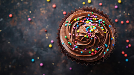 Top view of a chocolate cupcake with sprinkles, with ample space for your messageの素材