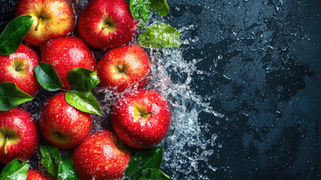 Fresh apples with splashes of water, from a top view. Copy space on the right for textの素材