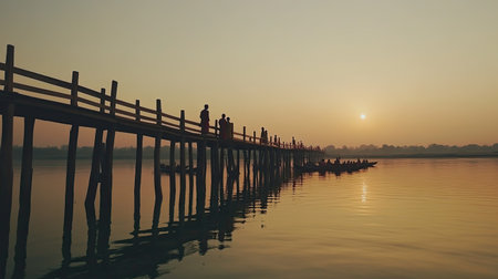 The peaceful U Bein Bridge in Myanmar, with locals and monks walking at sunset over the calm lake. Copy space availableの素材