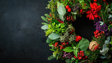 Detailed close-up of a European festival wreath made of herbs and flowers, with space for copy on the rightの素材