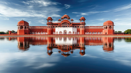 A majestic ruby-red palace reflecting in a calm lake, perfect for travel brochures, with copy spaceの素材