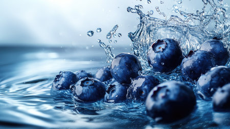 Fresh blueberries splashing in water. Copy space at the top for your branding or messageの素材