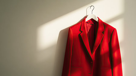 Sophisticated red blazer on a white hanger with ample copy space aboveの素材