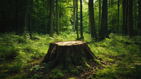 A large, prominent tree stump surrounded by dense green forest, capturing the harmony of nature and decay.の素材