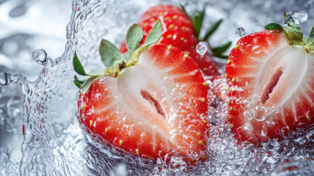 Sliced strawberries with water splashes, ideal for adding text or branding on the topの素材