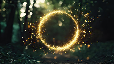 Glittering circle suspended in the air, showcasing a burst of shimmering light and sparkle.の素材