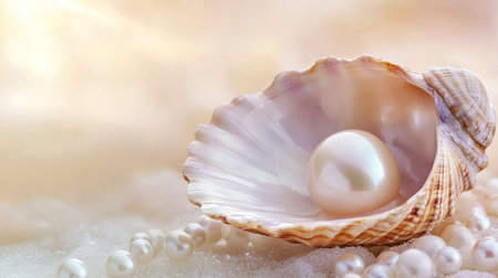 Close-up of an open shell revealing a lustrous pearl nestled inside, set against a soft, elegant background.の素材