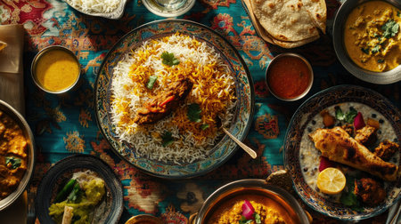Top view of a traditional Indian meal with biryani, curry, and assorted dishes on a vibrant tableclothの素材