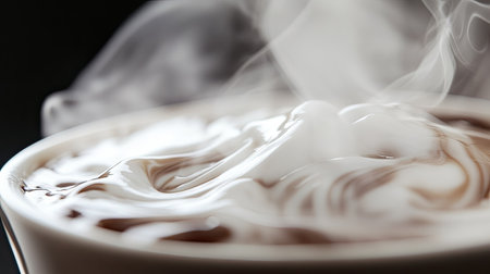 Close-up of a steaming cup of coffee with an intricate white swirl design on the surface, inviting and aromatic.の素材