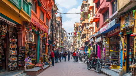 The vibrant streets of Thamel in Kathmandu, Nepal, bustling with tourists and shops. Copy space availableの素材