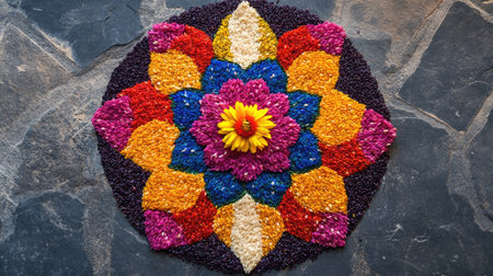 Top view of a vibrant rangoli design made with colorful rice grains and flower petalsの素材