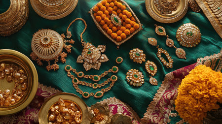 Top view of traditional Indian jewelry items arranged on a decorative cloth for a celebrationの素材
