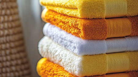 Stack of bath towels in bright colors such as yellow, orange, and white, arranged to highlight their plush texture.の素材