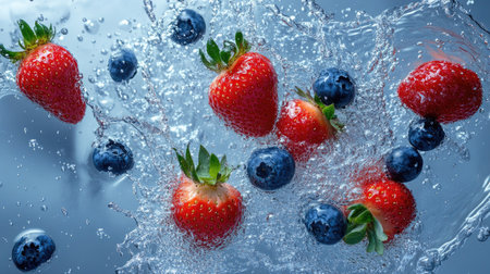 Top view of strawberries and blueberries splashing in water. Ideal for adding promotional textの素材