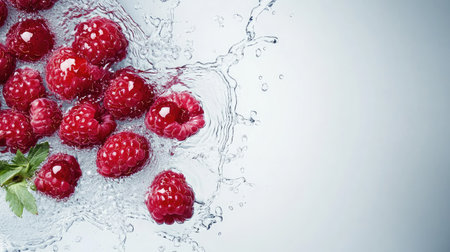 Raspberries with water splashes from above, with copy space on the right for your messageの素材