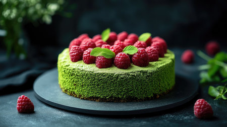 Green cake with a topping of fresh raspberries, creating a visually striking and tasty dessert display.の素材