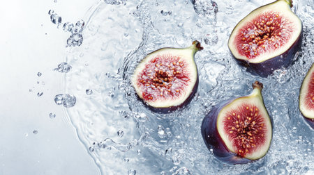 Fresh figs with splashes of water, from above. Ideal for adding text on the left sideの素材