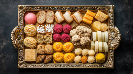 Top view of a tray of assorted traditional Indian sweets and snacks with decorative elementsの素材
