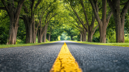 Serene road lined with trees, yellow centerline leading the way through a picturesque landscapeの素材