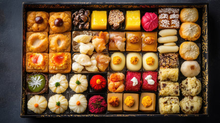 Top view of a tray of assorted traditional Indian sweets and snacks with decorative elementsの素材