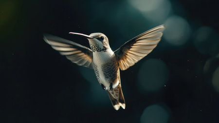 Overhead view of a hummingbird, wings in motion, providing a dynamic image with space for text or graphicsの素材