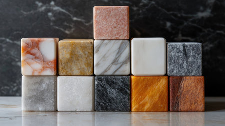 Marble blocks in various colors and patterns, arranged in a neat stack on a smooth surface. No people, copy spaceの素材