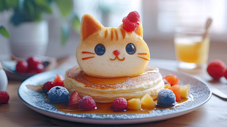 Creative pancake breakfast with a cat theme, decorated with fruit and syrup, for little onesの素材