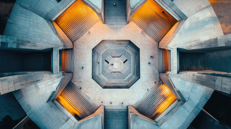 Aerial shot of podium-style architecture, highlighting geometric patterns with open space, perfect for architectural presentationsの素材