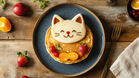 Cheerful pancake cat with syrup and fruit accents, top view, perfect for preschool breakfastの素材