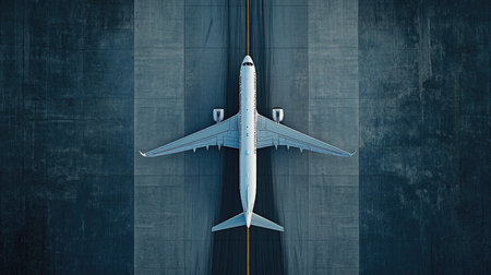 Top view of a plane descending gracefully onto a runway, leaving room for text in the surrounding space.の素材