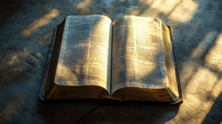 Open Bible illuminated by natural light from above, with clear space for text or message.の素材
