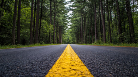 A scenic road bordered by trees, yellow line in the middle, creating a classic and inviting travel sceneの素材