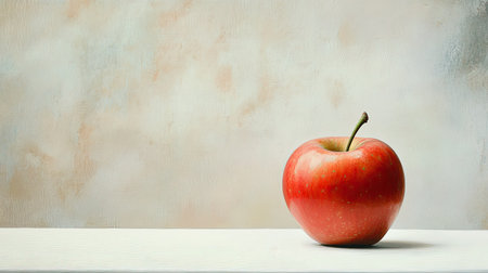 A single red apple with a green stem, resting on a white table, capturing a moment of natural perfectionの素材