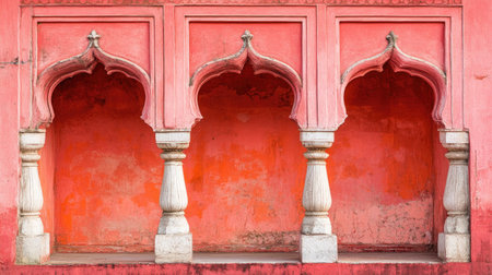 Ruby-hued colonial architecture in a vibrant South Asian market, ready for your text, ample copy spaceの素材