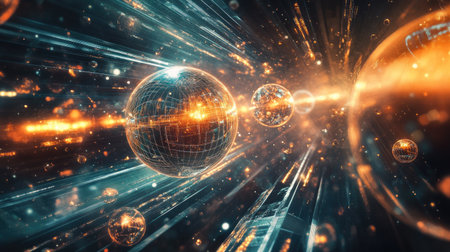 Abstract representation of time and space using bright orbs and lines extending into the distance, creating a futuristic atmosphereの素材