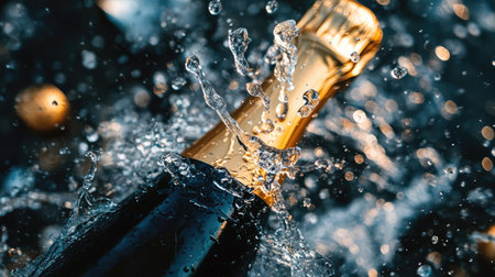 Aerial shot of a champagne bottle, water splashing, providing a lively image with ample room for copy spaceの素材