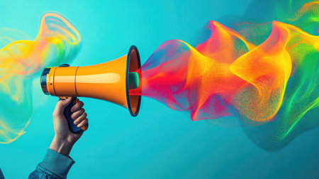 A hand gripping a megaphone, ready to announce, with vibrant sound waves emanating from it, symbolizing marketing and communicationの素材