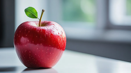 Bright red apple with a green stem on a pristine white table, ideal for emphasizing natural beautyの素材