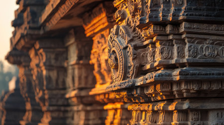 The intricate carvings of the Sun Temple in Konark catch the first light of dawn. Copy space availableの素材