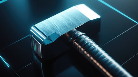 Hammer on a sleek, futuristic digital surface, captured from above, leaving space for copy.の素材