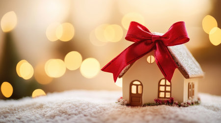 A miniature house with a festive bow on the roof, perfect for themes of gifts, real estate, or home buying, with copy spaceの素材