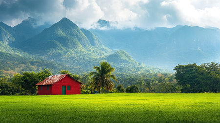 Red house in a lush field with mountains behind, creating a peaceful and idyllic landscapeの素材