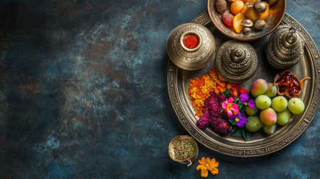 Hindu temple bells, incense holder, and an offering tray with fruits and flowers. High angle view, copy spaceの素材