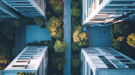 Overhead view of modern podium-style buildings, providing a clean and structured look with room for copy spaceの素材